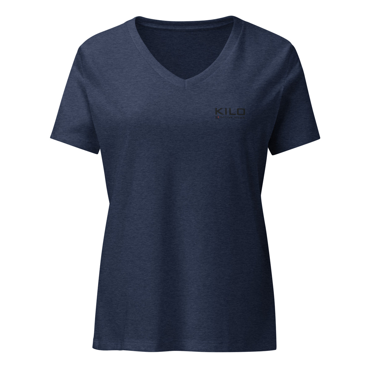 KILO Veterans Day Women's Relaxed V-Neck Tee in Heather Navy, front view – veteran-owned Kilo Activewear