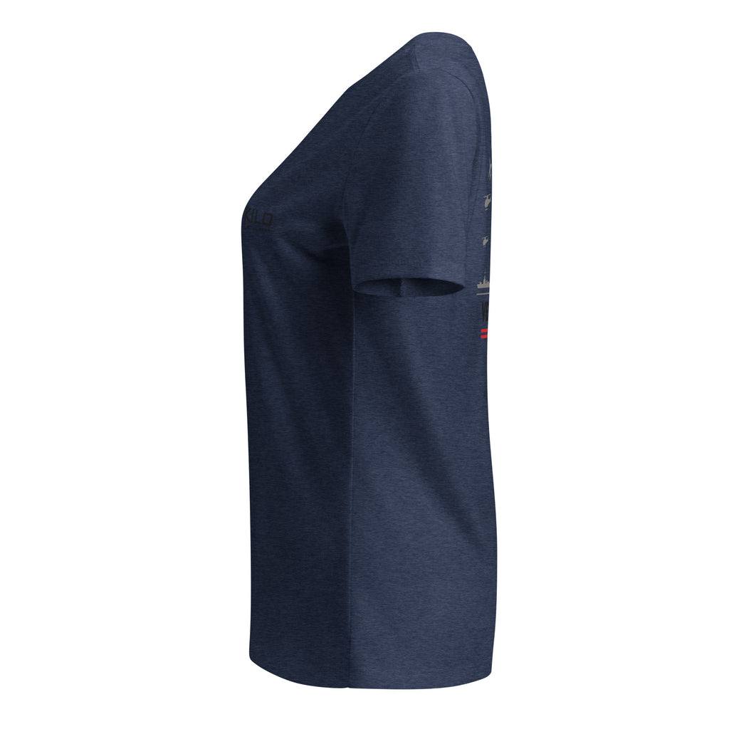 KILO Veterans Day Women's Relaxed V-Neck Tee in Heather Navy, left view – veteran-owned Kilo Activewear