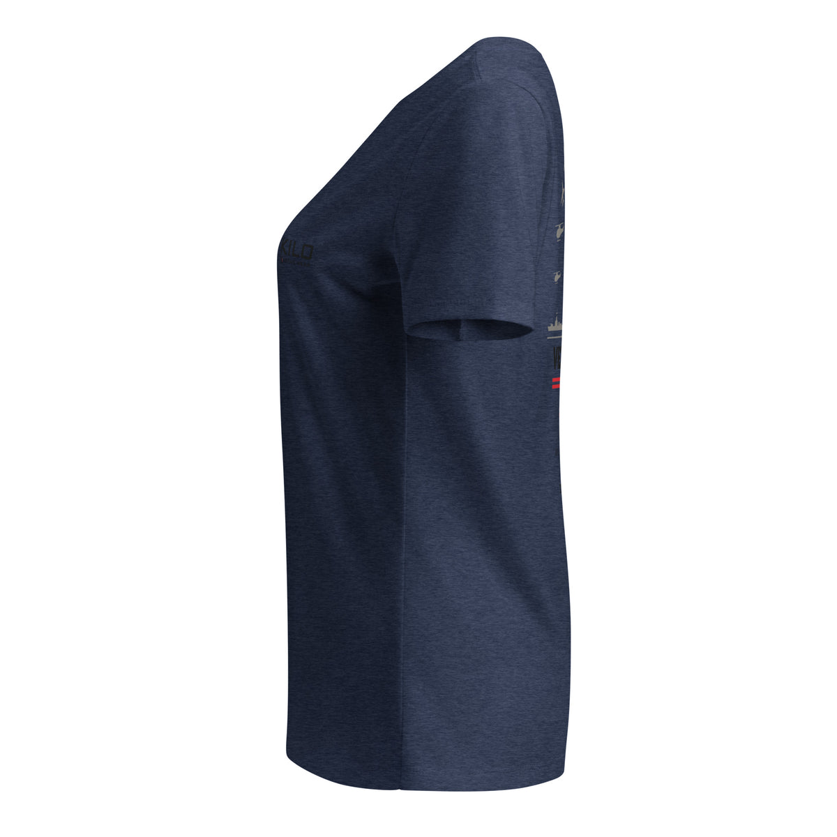 KILO Veterans Day Women's Relaxed V-Neck Tee in Heather Navy, left view – veteran-owned Kilo Activewear