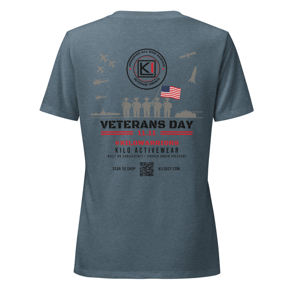 KILO Veterans Day Women's Relaxed V-Neck Tee in Heather Slate, back view – veteran-owned Kilo Activewear