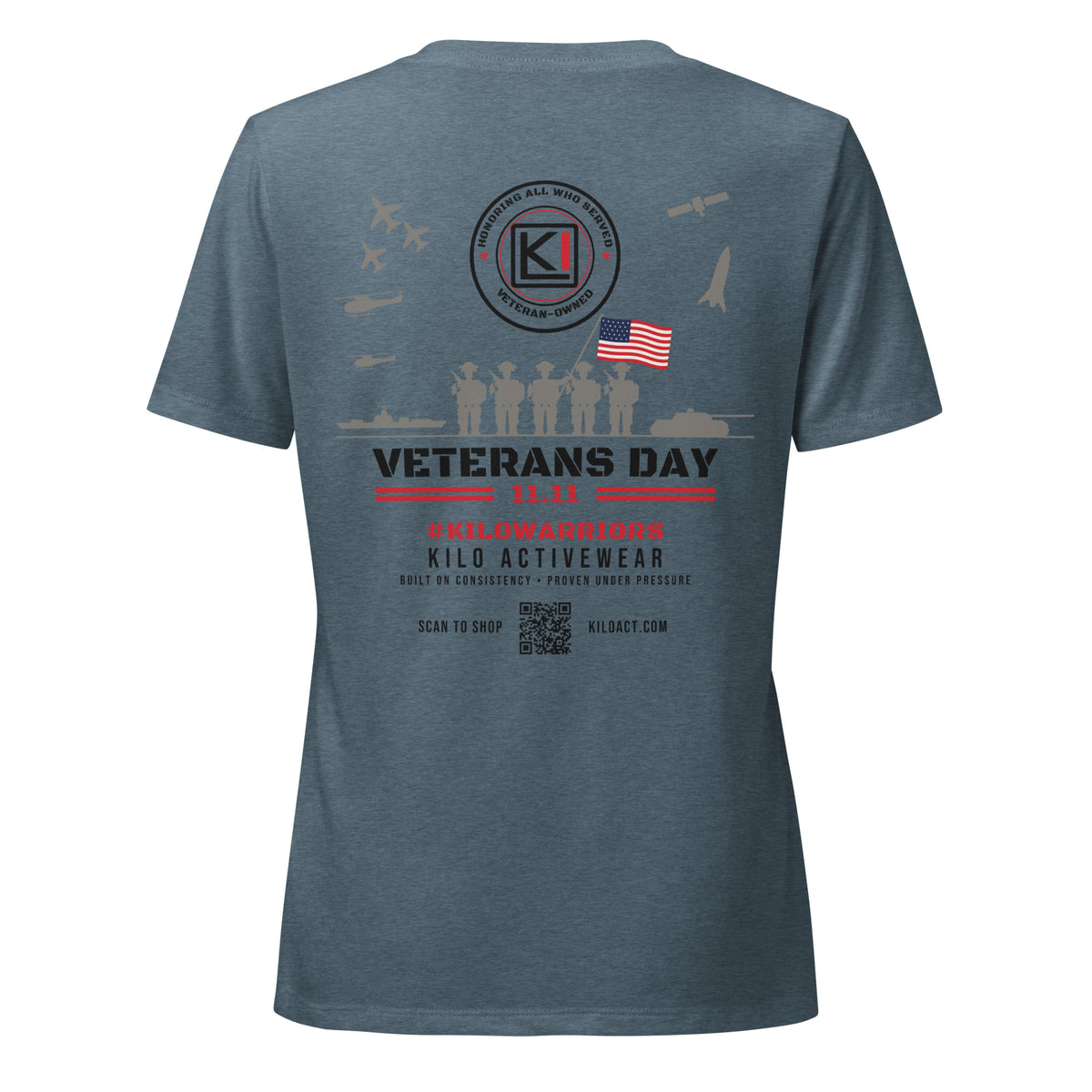 KILO Veterans Day Women's Relaxed V-Neck Tee in Heather Slate, back view – veteran-owned Kilo Activewear