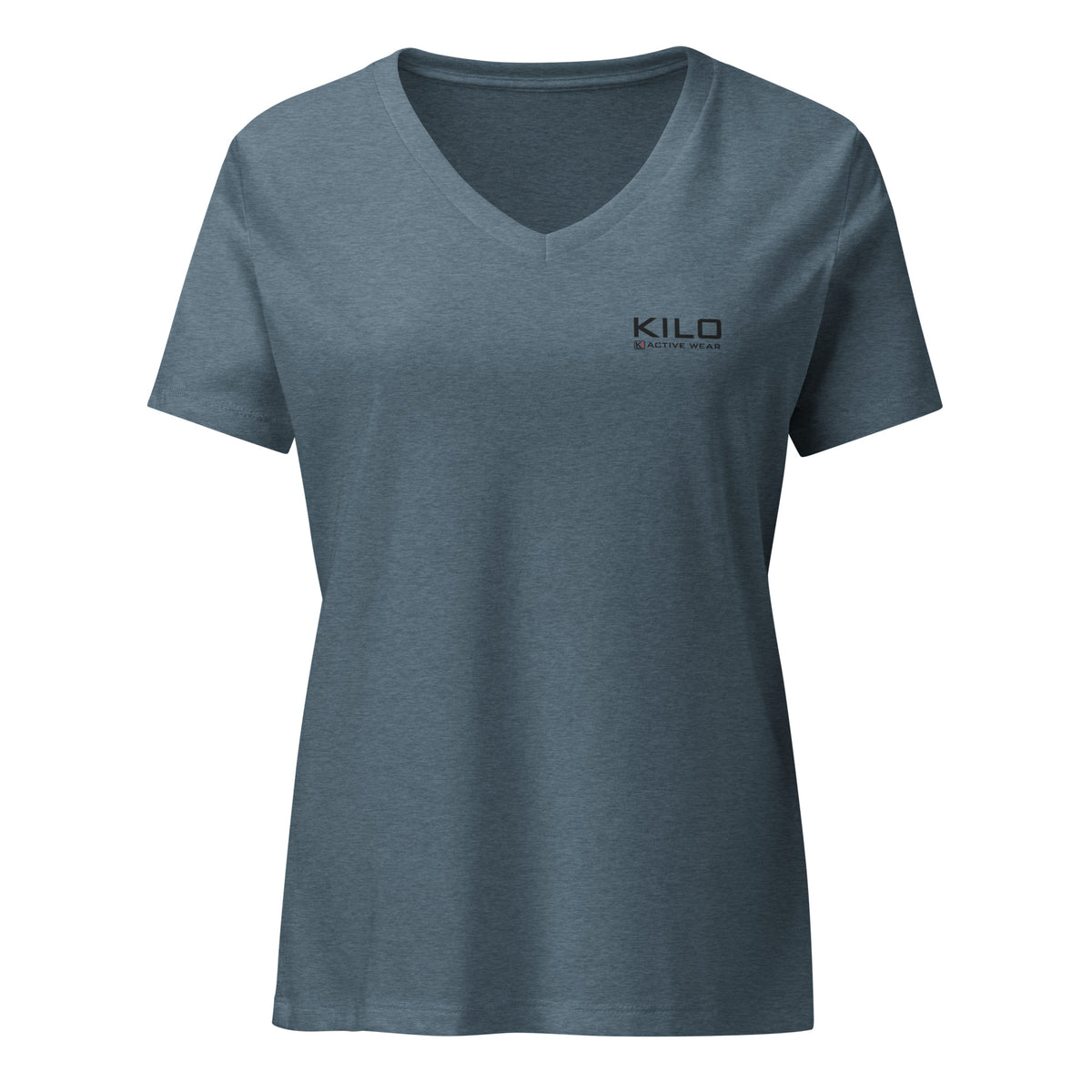 KILO Veterans Day Women's Relaxed V-Neck Tee in Heather Slate, front view – veteran-owned Kilo Activewear