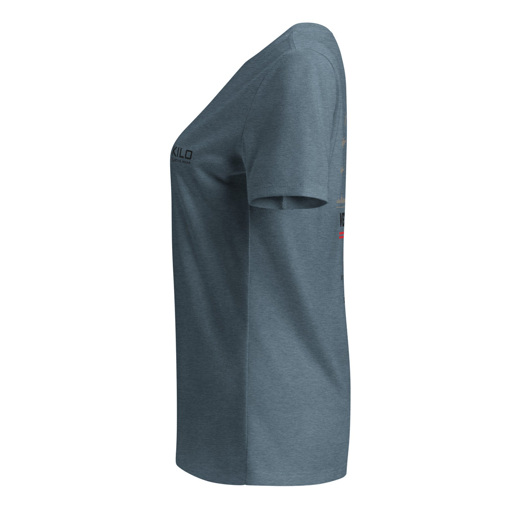 KILO Veterans Day Women's Relaxed V-Neck Tee in Heather Slate, left view – veteran-owned Kilo Activewear