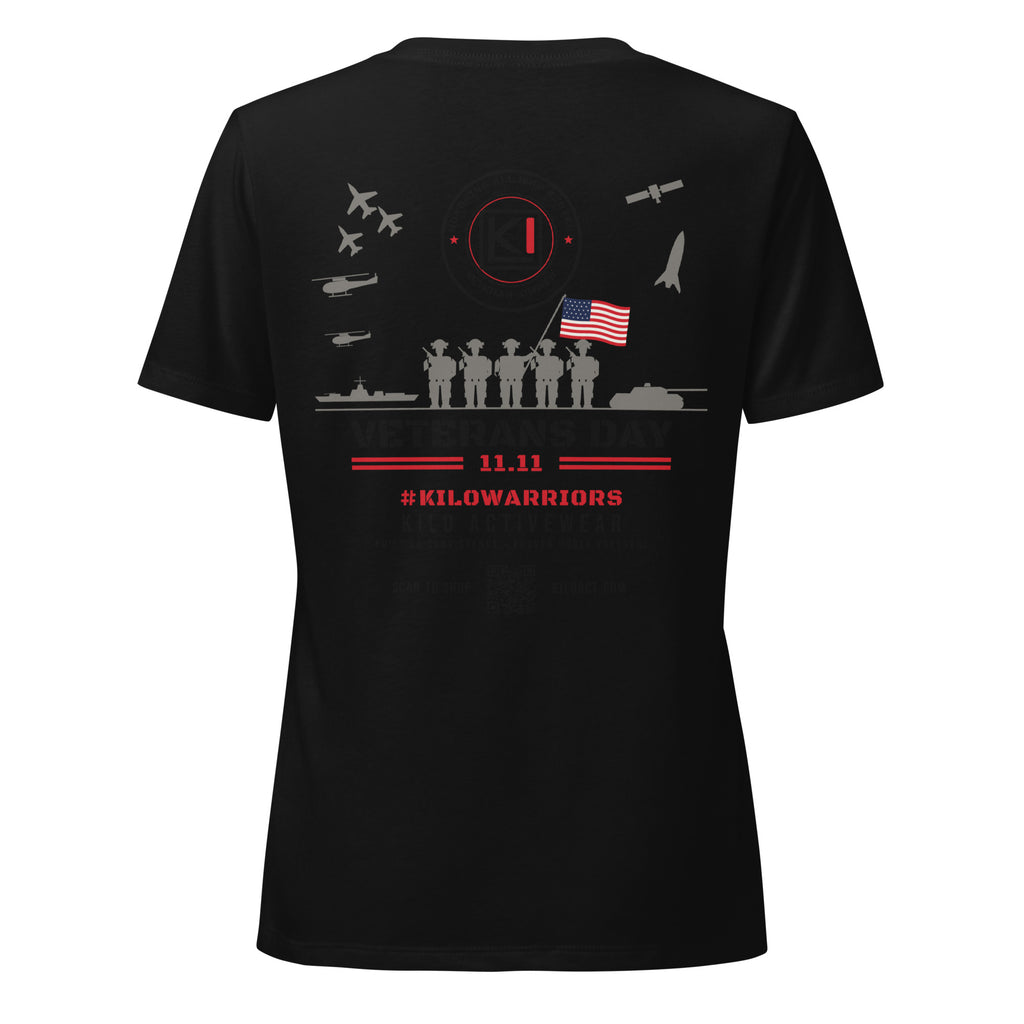 KILO Veterans Day Women's Relaxed V-Neck Tee in Solid Black Blend, back view – veteran-owned Kilo Activewear