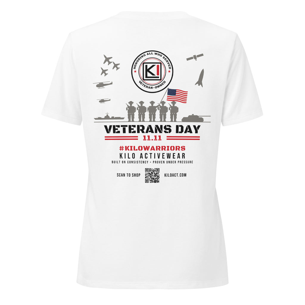 KILO Veterans Day Women's Relaxed V-Neck Tee in Solid White Blend, back view – veteran-owned Kilo Activewear