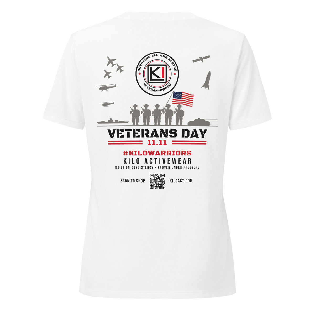 KILO Veterans Day Women's Relaxed V-Neck Tee in Solid White Blend, back view – veteran-owned Kilo Activewear