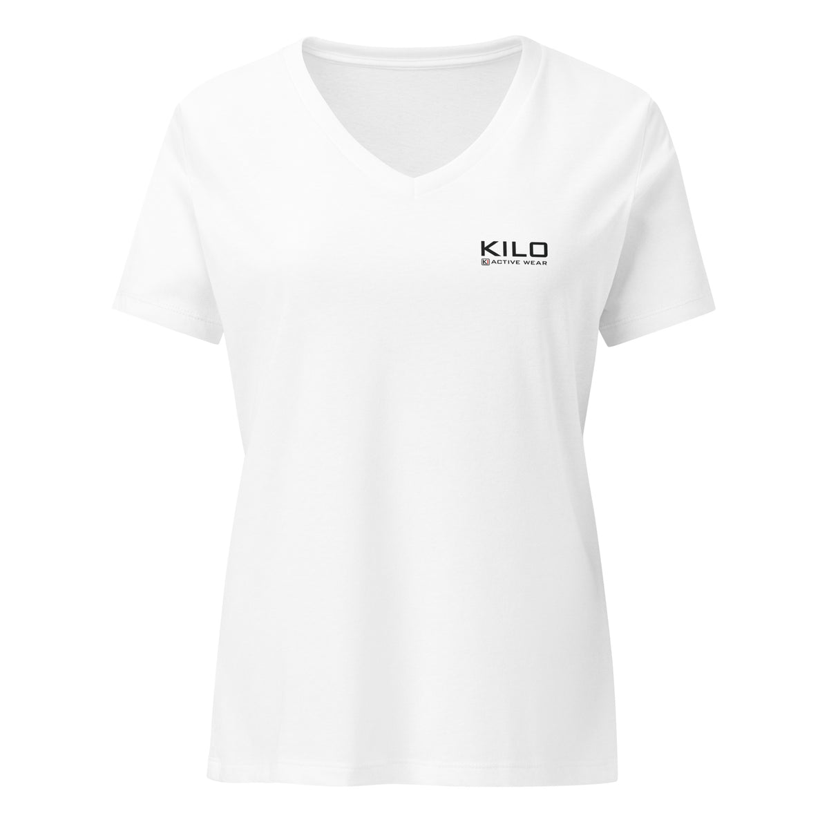 KILO Veterans Day Women's Relaxed V-Neck Tee in Solid White Blend, front view – veteran-owned Kilo Activewear