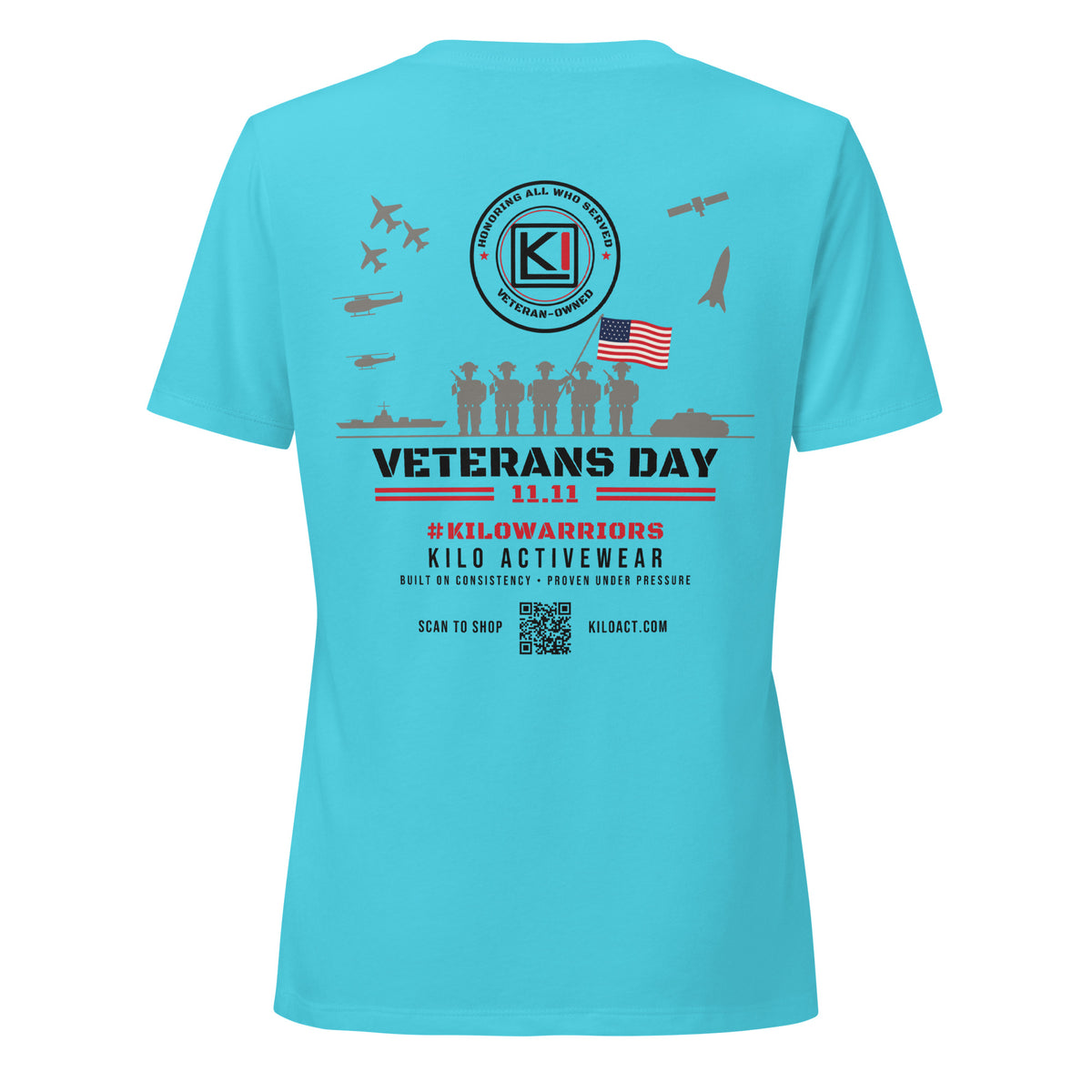KILO Veterans Day Women's Relaxed V-Neck Tee in Turquoise, back view – veteran-owned Kilo Activewear