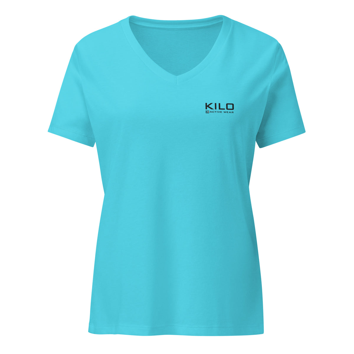 KILO Veterans Day Women's Relaxed V-Neck Tee in Turquoise, front view – veteran-owned Kilo Activewear