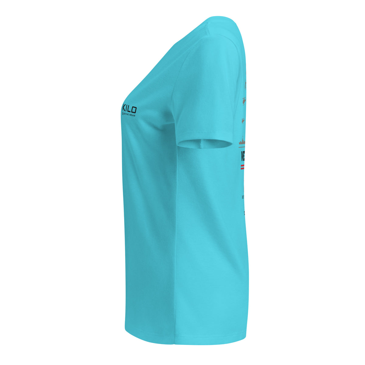 KILO Veterans Day Women's Relaxed V-Neck Tee in Turquoise, left view – veteran-owned Kilo Activewear