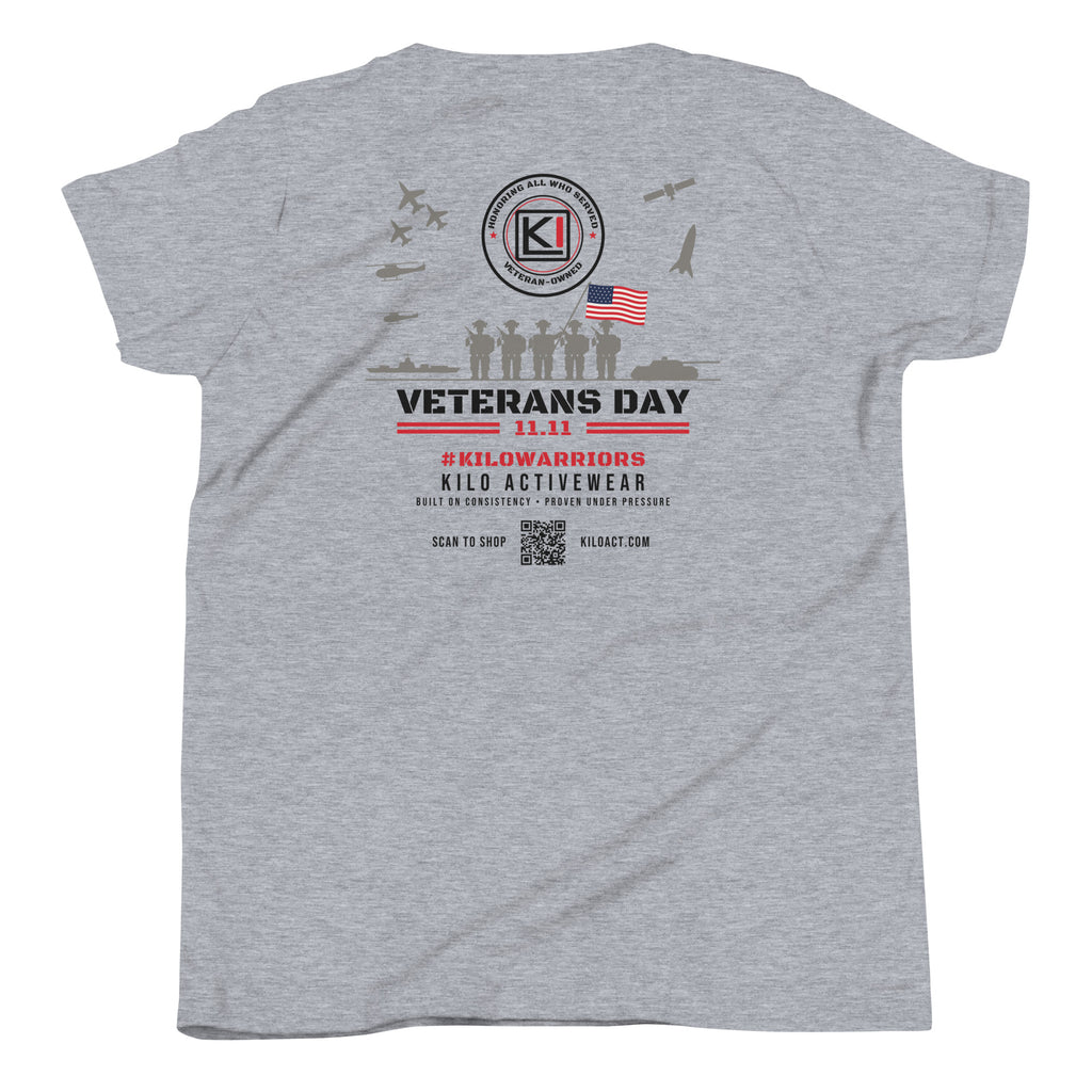 KILO Veterans Day Youth Tee in Athletic Heather, back view – veteran-owned Kilo Activewear