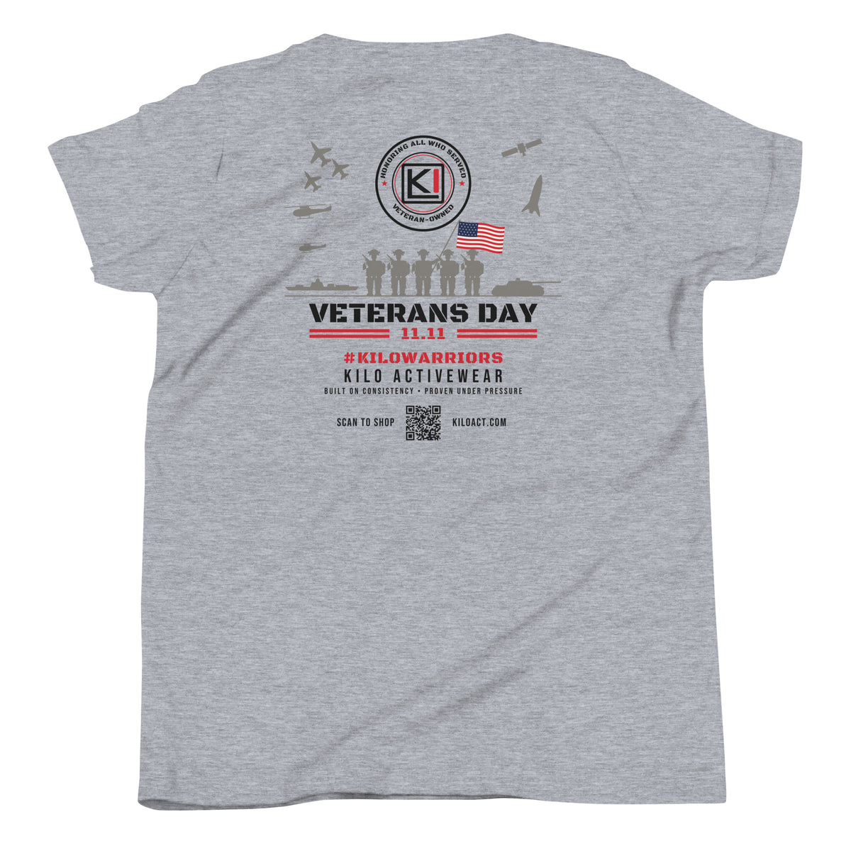 KILO Veterans Day Youth Tee in Athletic Heather, back view – veteran-owned Kilo Activewear