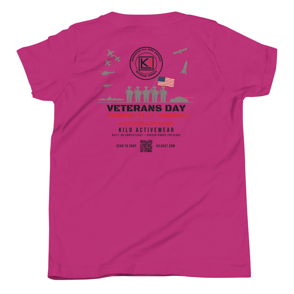KILO Veterans Day Youth Tee in Berry, back view – veteran-owned Kilo Activewear