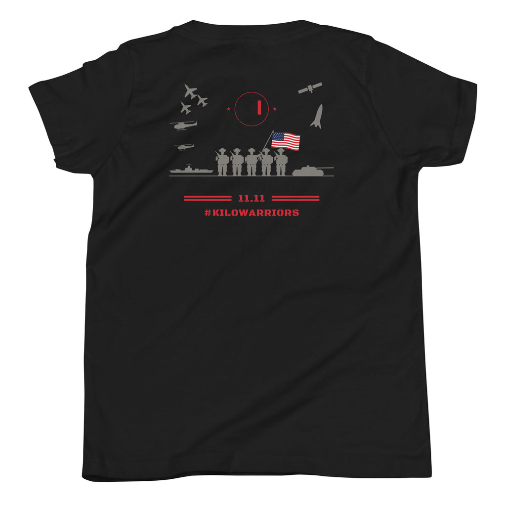 KILO Veterans Day Youth Tee in Black, back view – veteran-owned Kilo Activewear