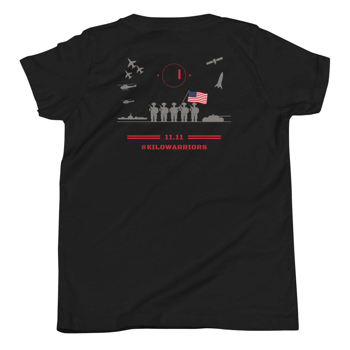 KILO Veterans Day Youth Tee in Black, back view – veteran-owned Kilo Activewear