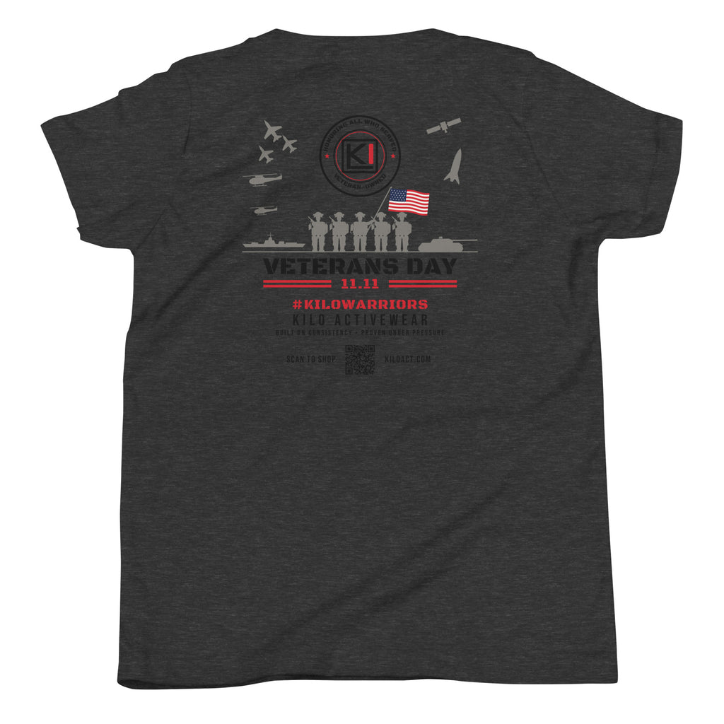 KILO Veterans Day Youth Tee in Dark Grey Heather, back view – veteran-owned Kilo Activewear