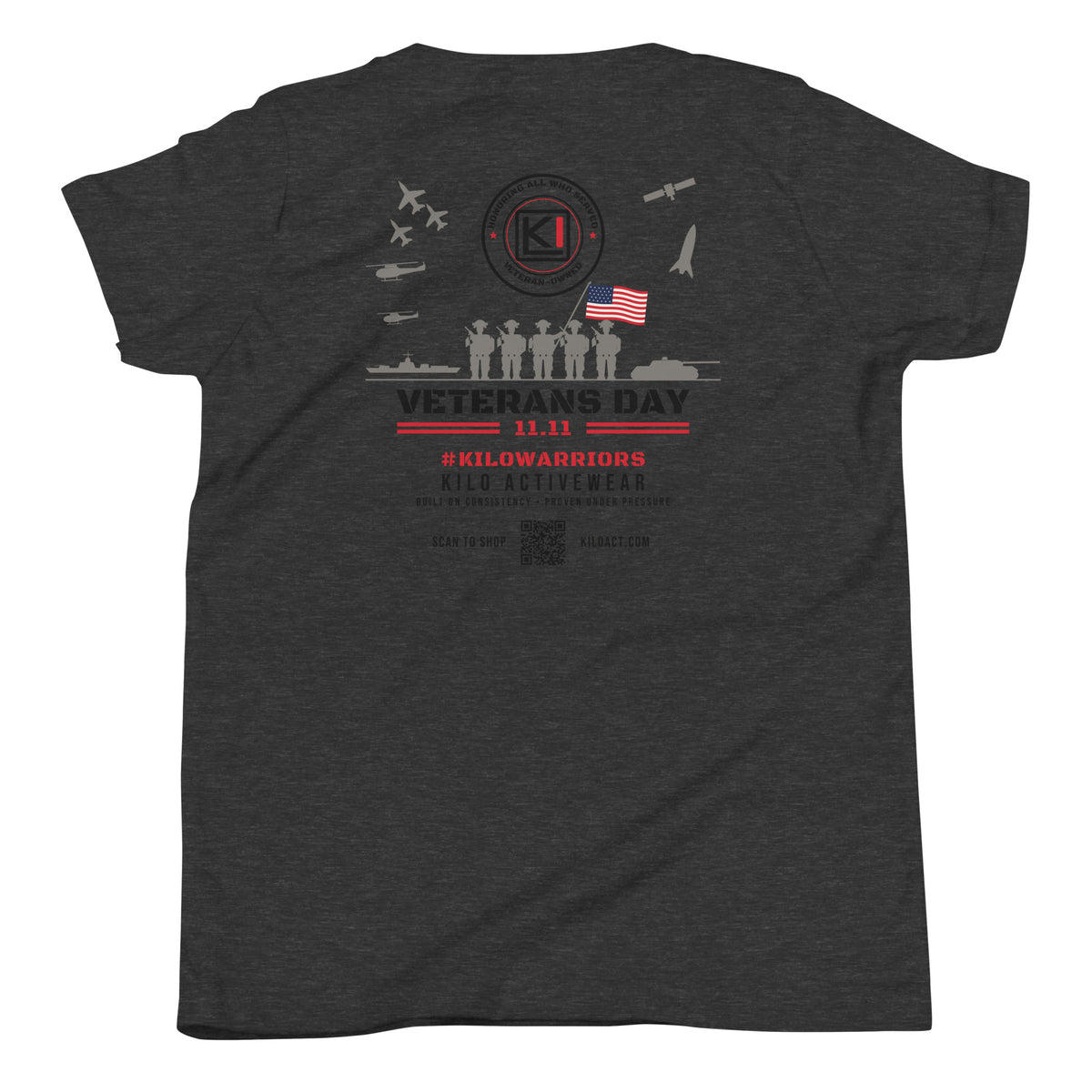 KILO Veterans Day Youth Tee in Dark Grey Heather, back view – veteran-owned Kilo Activewear