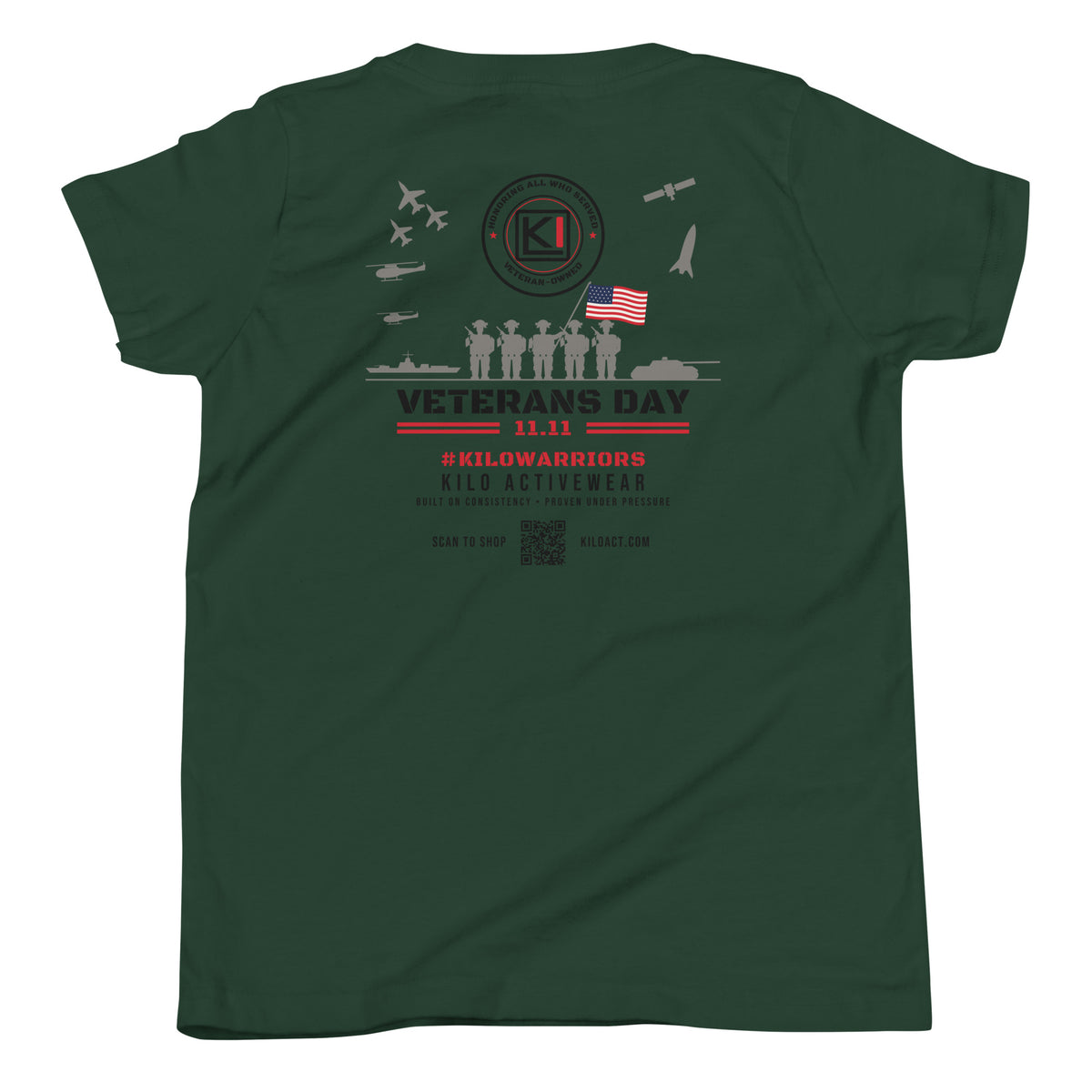KILO Veterans Day Youth Tee in Forest, back view – veteran-owned Kilo Activewear