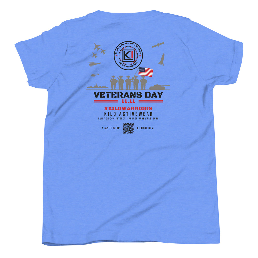 KILO Veterans Day Youth Tee in Heather Columbia Blue, back view – veteran-owned Kilo Activewear