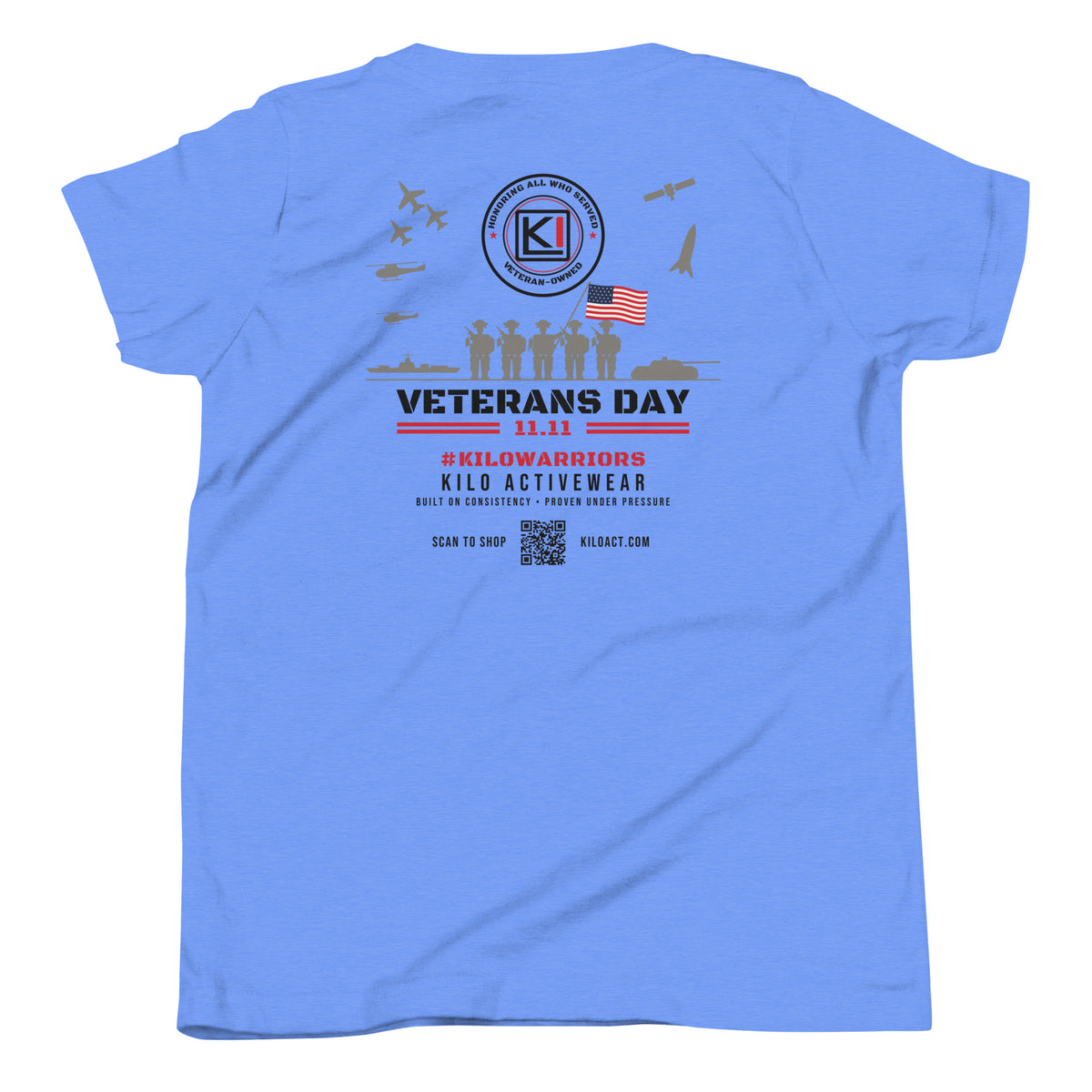 KILO Veterans Day Youth Tee in Heather Columbia Blue, back view – veteran-owned Kilo Activewear