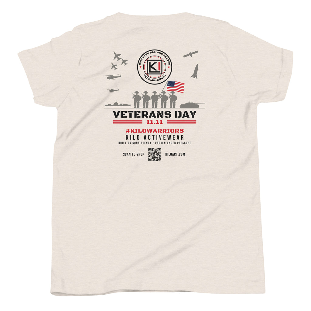 KILO Veterans Day Youth Tee in Heather Dust, back view – veteran-owned Kilo Activewear