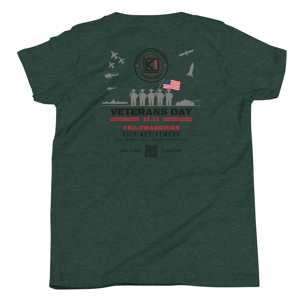 KILO Veterans Day Youth Tee in Heather Forest, back view – veteran-owned Kilo Activewear
