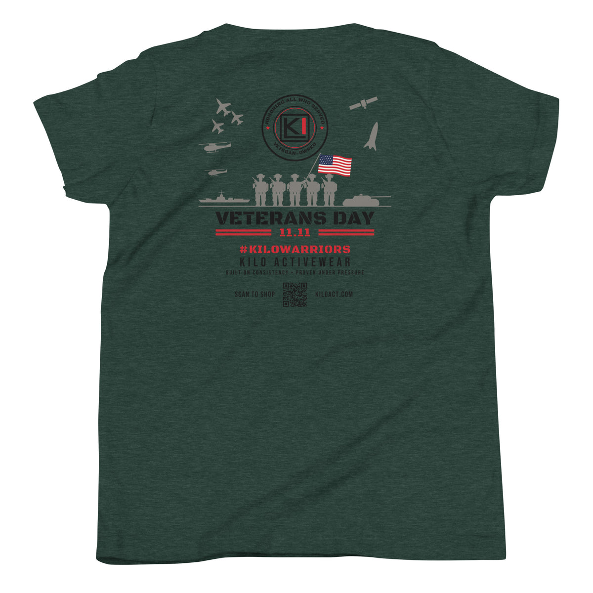 KILO Veterans Day Youth Tee in Heather Forest, back view – veteran-owned Kilo Activewear