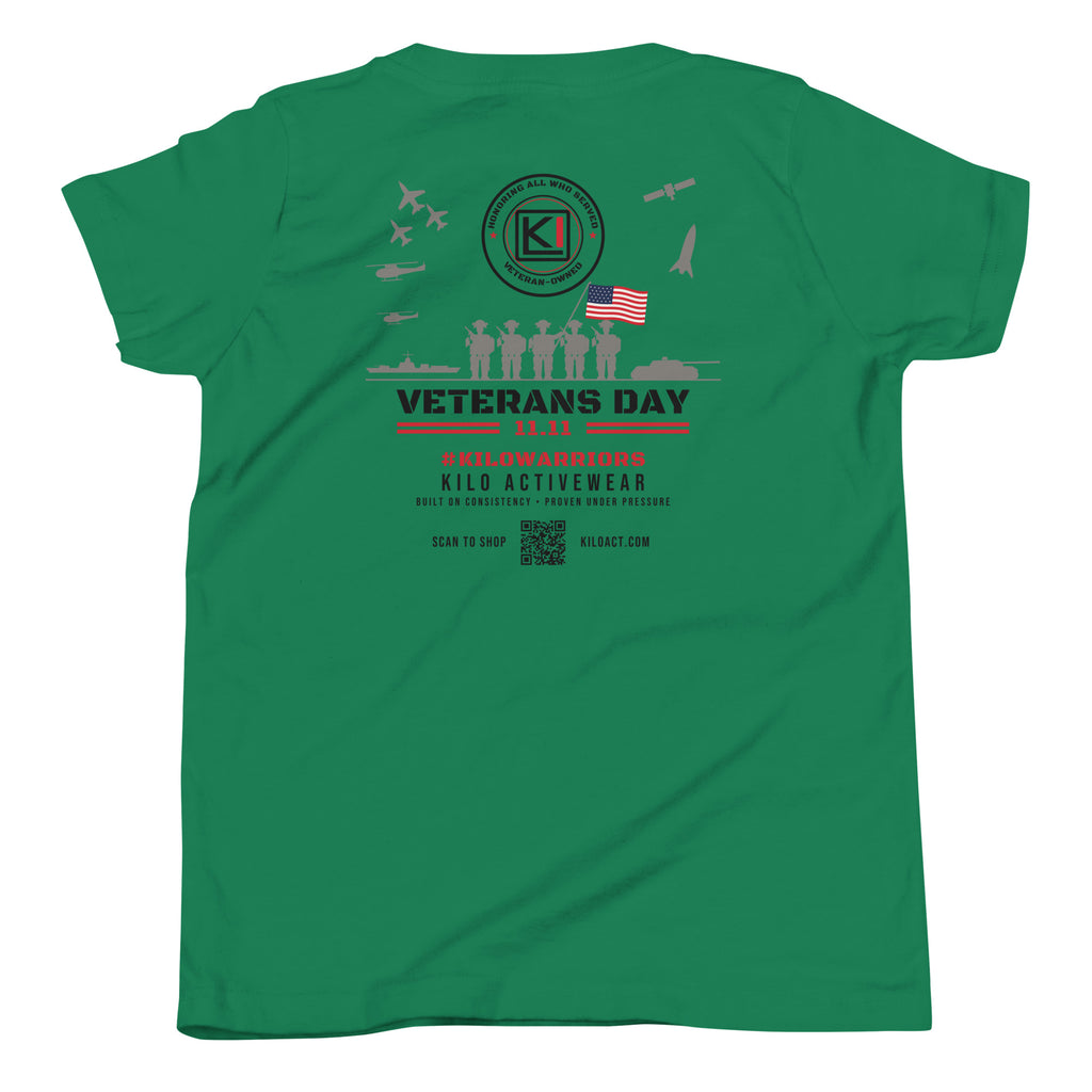 KILO Veterans Day Youth Tee in Kelly, back view – veteran-owned Kilo Activewear