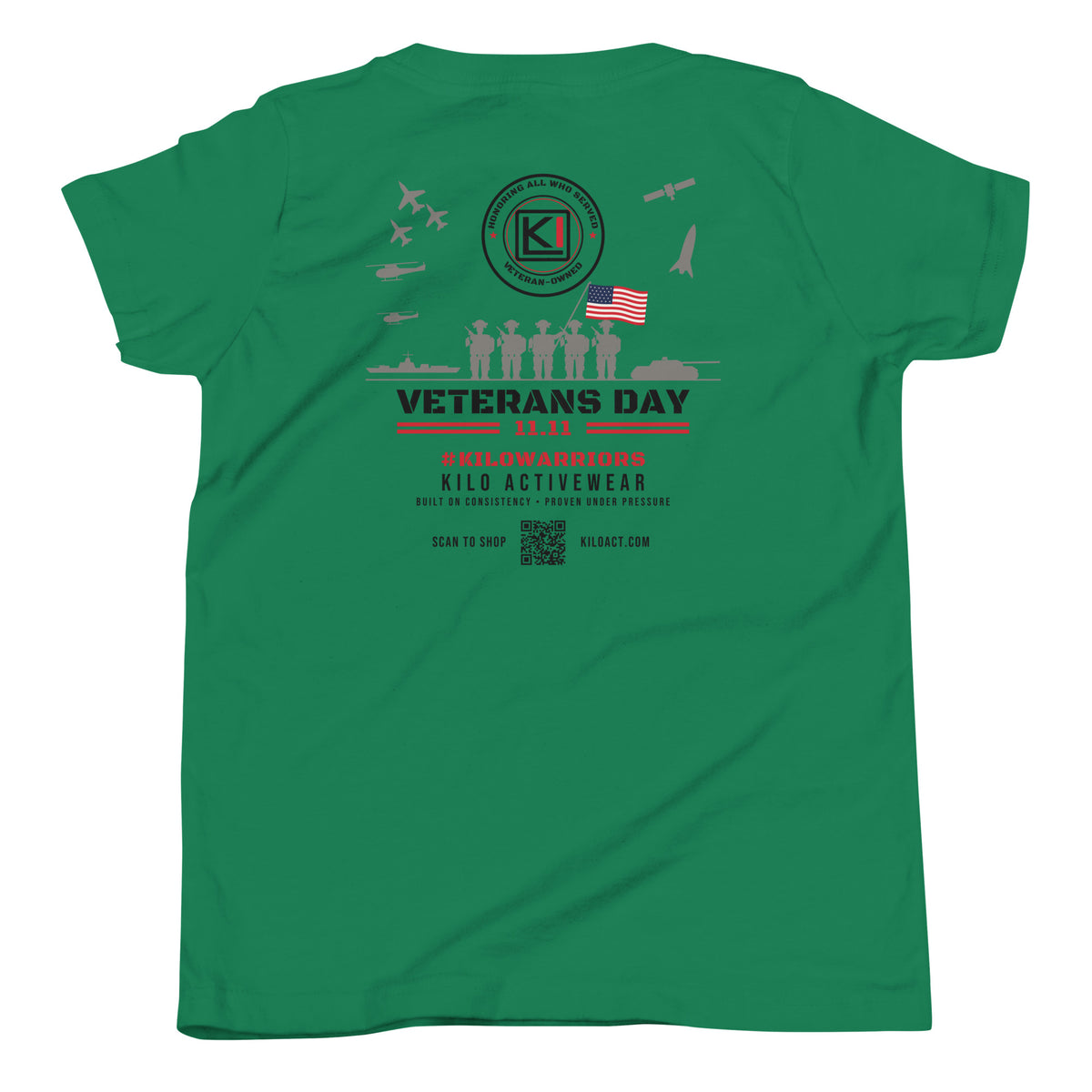 KILO Veterans Day Youth Tee in Kelly, back view – veteran-owned Kilo Activewear