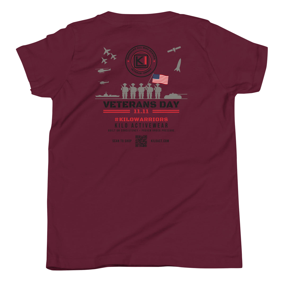KILO Veterans Day Youth Tee in Maroon, back view – veteran-owned Kilo Activewear