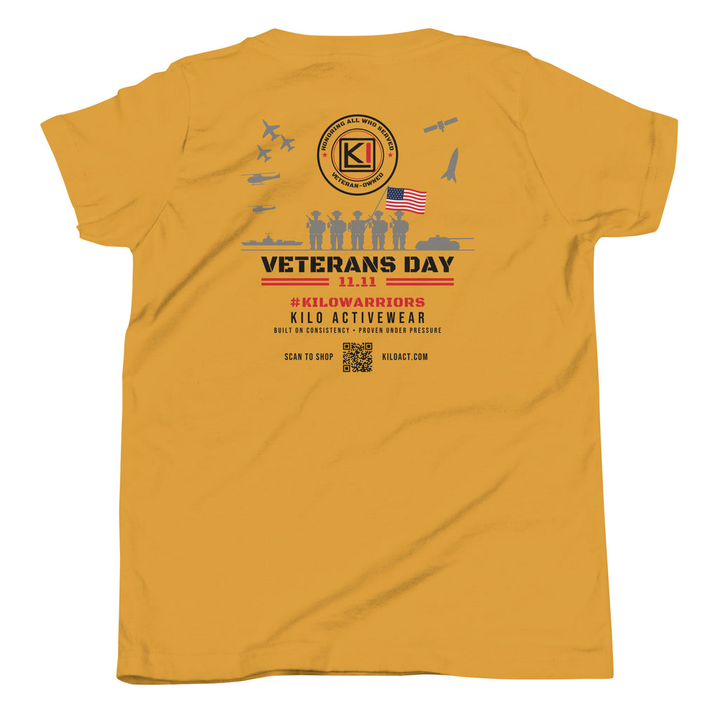 KILO Veterans Day Youth Tee in Mustard, back view – veteran-owned Kilo Activewear
