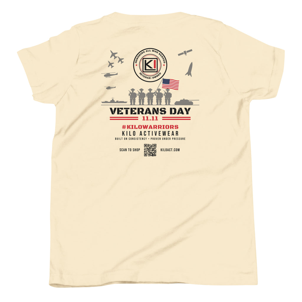KILO Veterans Day Youth Tee in Natural, back view – veteran-owned Kilo Activewear