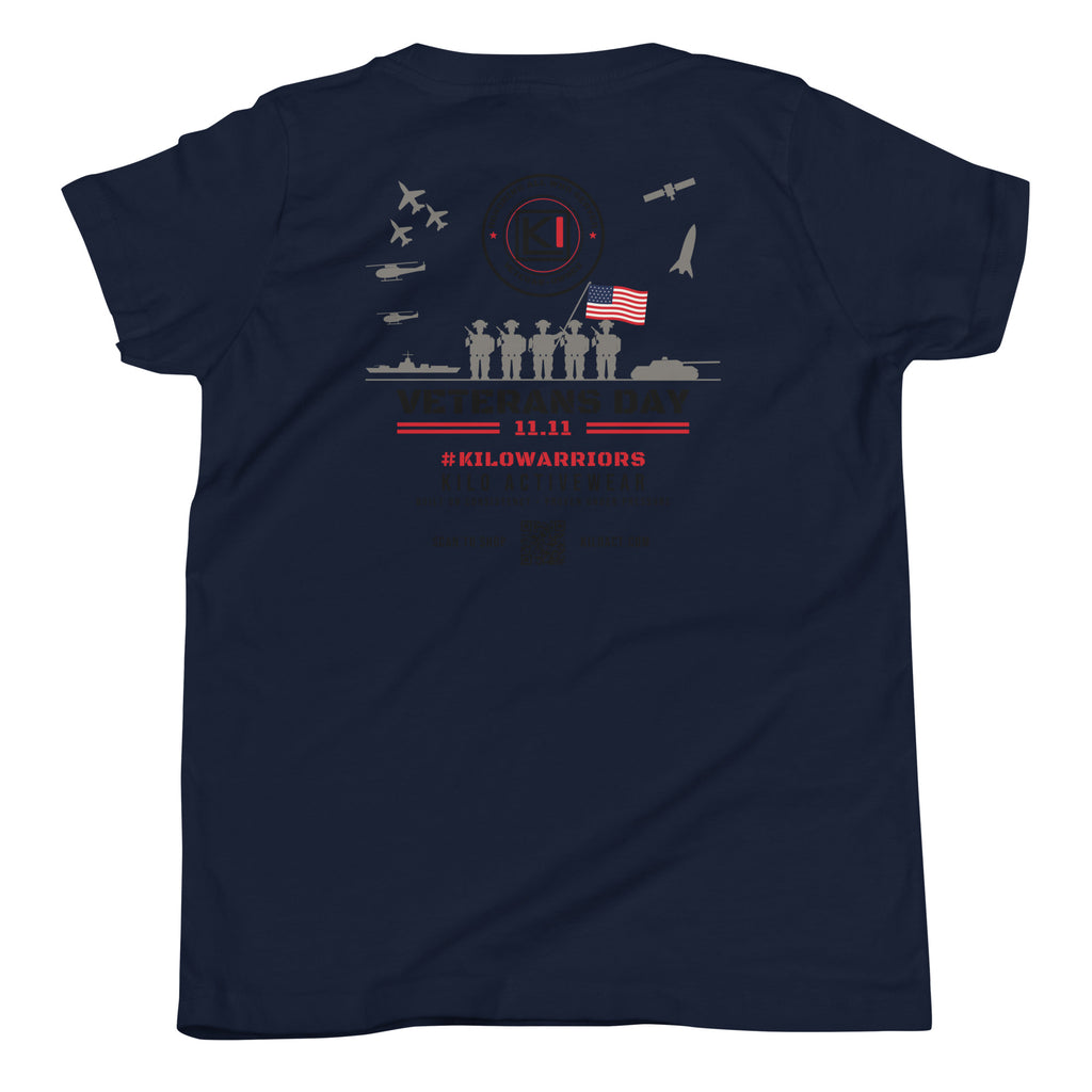 KILO Veterans Day Youth Tee in Navy, back view – veteran-owned Kilo Activewear