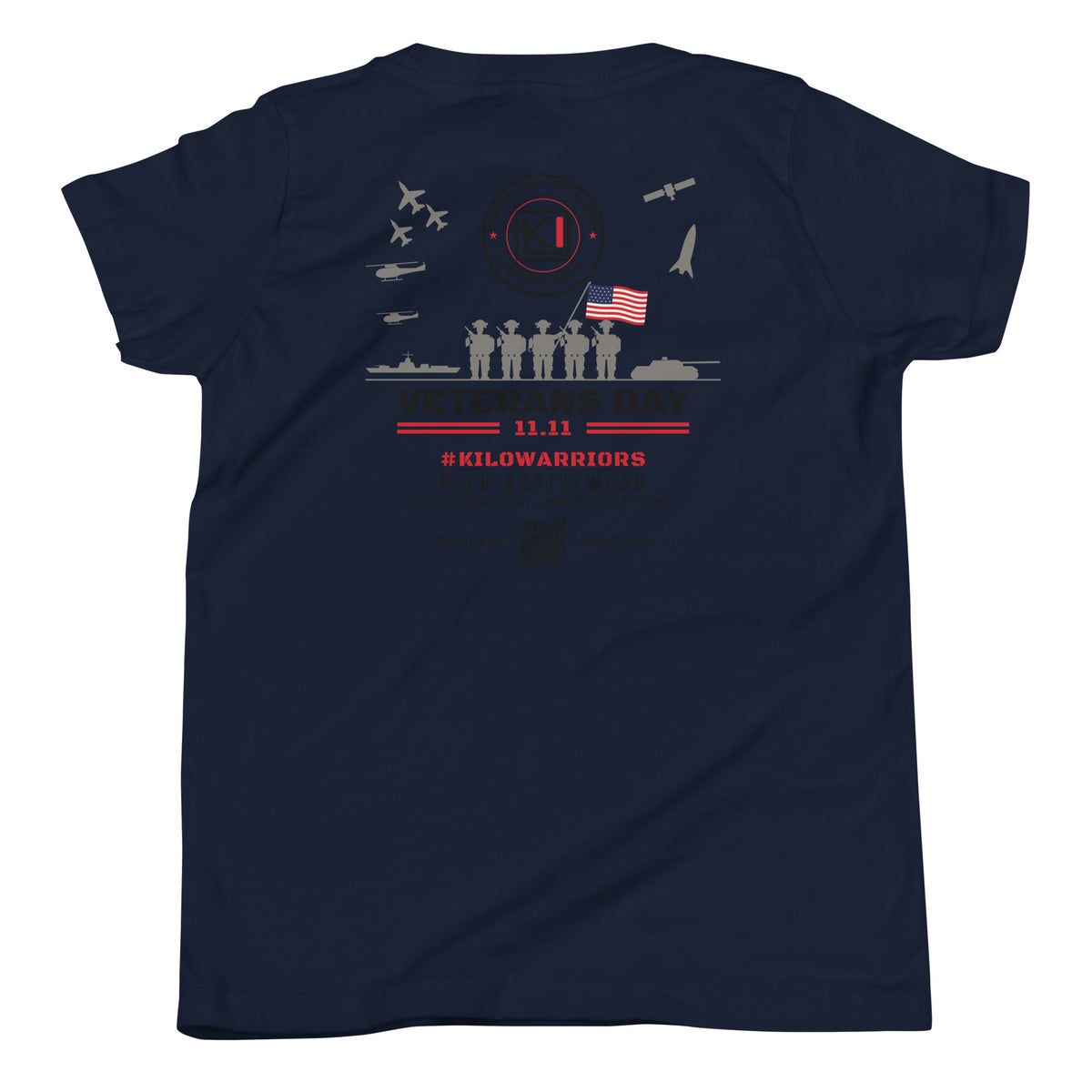 KILO Veterans Day Youth Tee in Navy, back view – veteran-owned Kilo Activewear