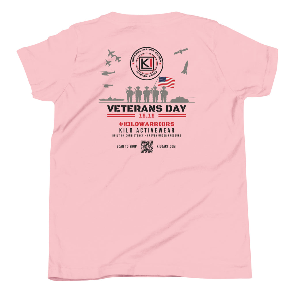 KILO Veterans Day Youth Tee in Pink, back view – veteran-owned Kilo Activewear