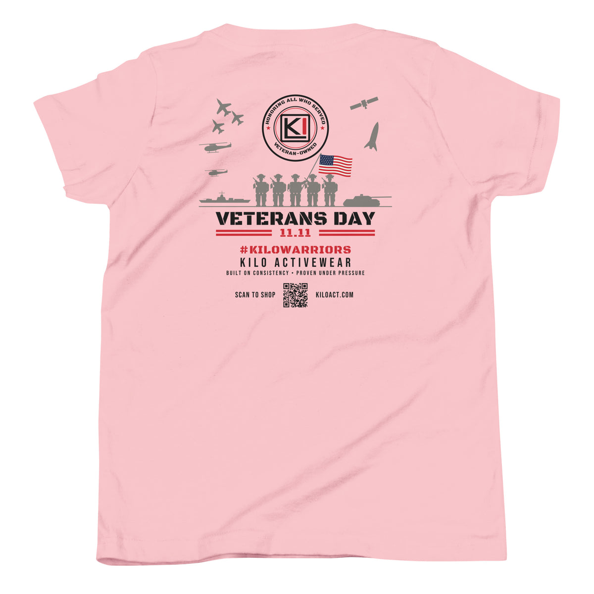 KILO Veterans Day Youth Tee in Pink, back view – veteran-owned Kilo Activewear