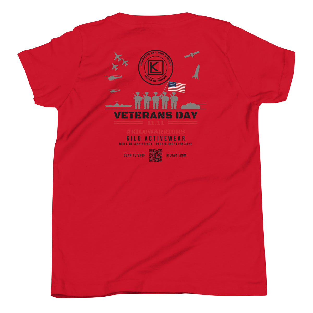 KILO Veterans Day Youth Tee in Red, back view – veteran-owned Kilo Activewear