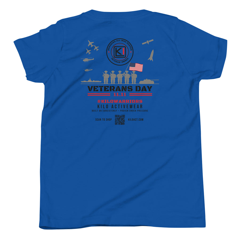KILO Veterans Day Youth Tee in True Royal, back view – veteran-owned Kilo Activewear