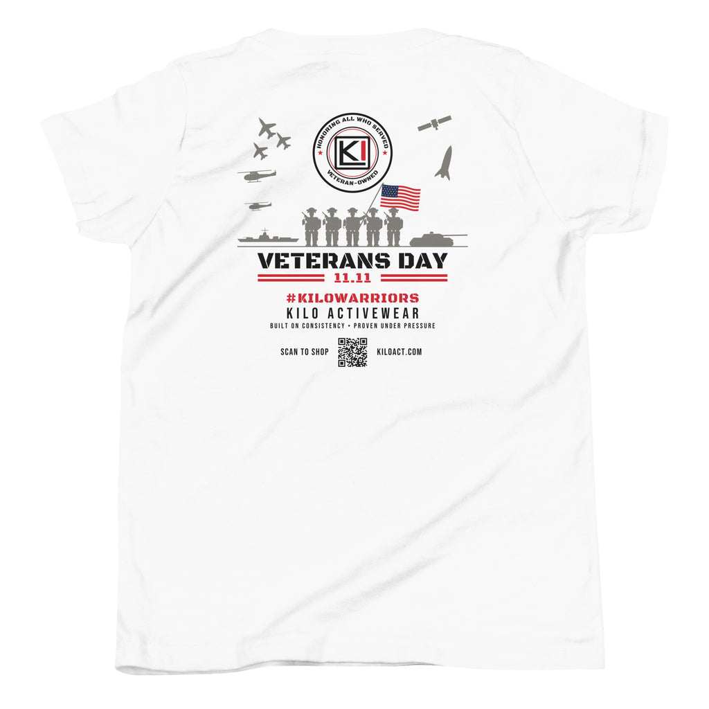 KILO Veterans Day Youth Tee in White, back view – veteran-owned Kilo Activewear
