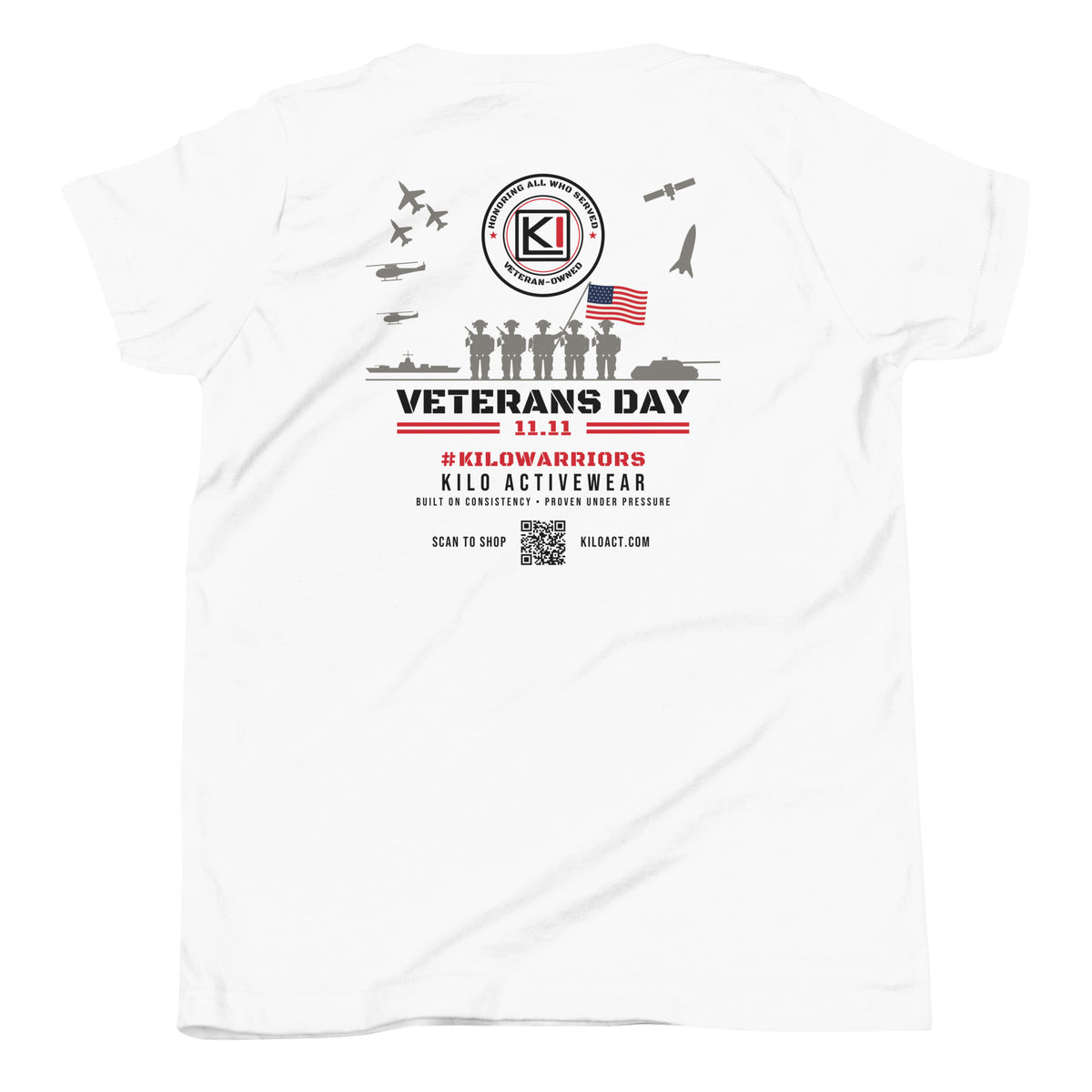 KILO Veterans Day Youth Tee in White, back view – veteran-owned Kilo Activewear